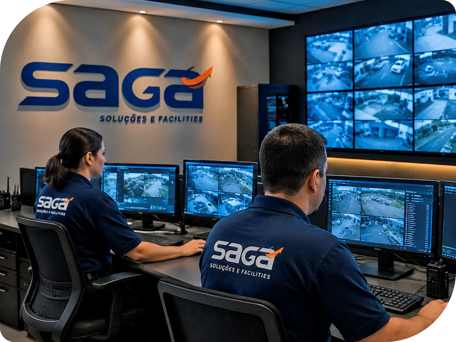 Equipe da SAGA analisando dashboards operacionais em sala de controle